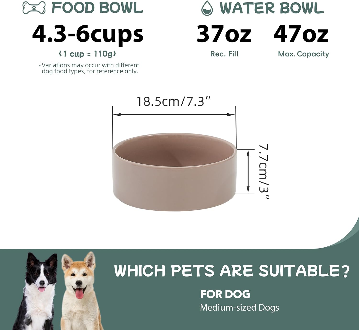 Havniva Ceramic Dog Bowls, Dog Food and Water Bowl Set, Dog Water Bowl | 7.3” Ceramic Dog Food Bowls with Non-Slip Rubber Base, Large Capacity, Dog Feeding Bowls for Medium Dogs