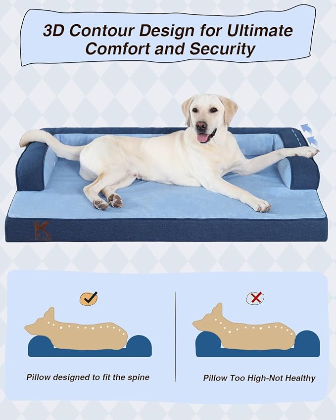 KSIIA Washable Dog Bed XXL Senior Dog, Orthopedic Warm Soft Pet Sofa Waterproof Pet Couch with Sides, Non-Slip and Egg-Crate Foam Jumbo Beds with Removable Cover, 47x32Inch, Blue