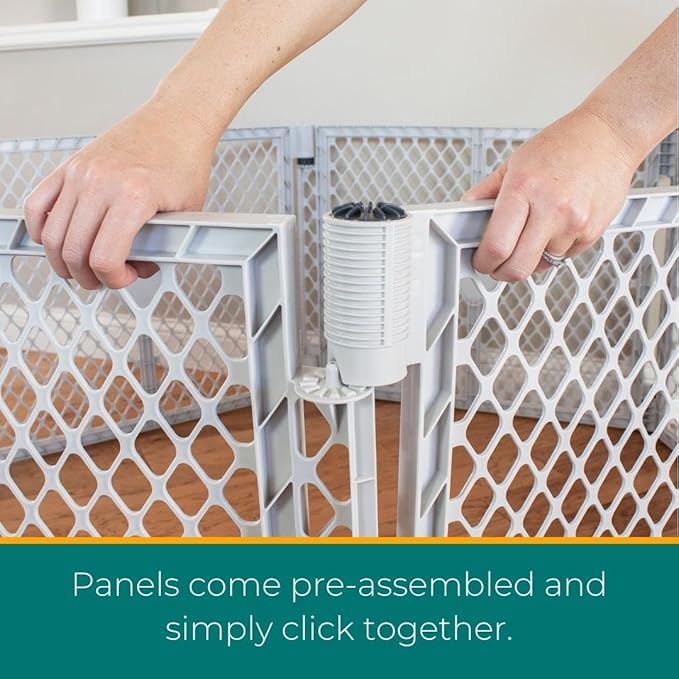 MyPet North States Petyard Passage: 6-Panel Dog Playpen or Dog Fence, Wall Mount Kit Included. Free Standing Play Pen 5.5 ft Corner to Corner, Lockable Pet Door. Made in USA. 26" Tall, Light Gray
