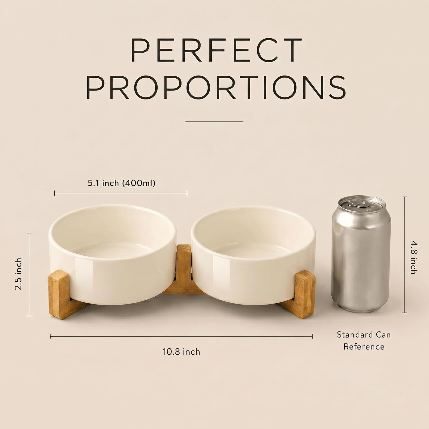 SPUNKYJUNKY Ceramic Dog and Cat Bowl Set with Wooden Stand, Modern Cute Weighted Food Water Set for Small Size Dogs (13.5OZ) & Medium Sized Dogs (28.7OZ) & Cats (1.7 Cups, 2 × Beige)