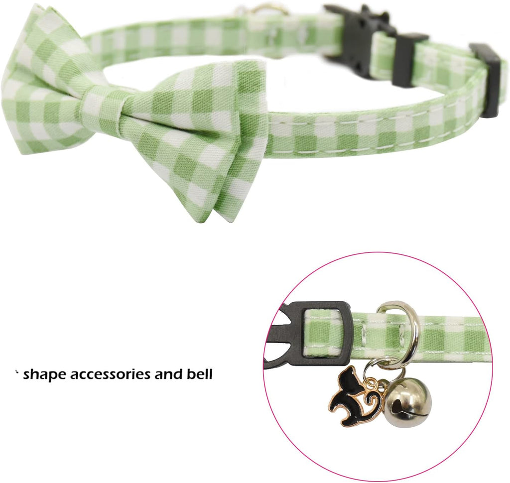 Bowtie Cat Collars Breakaway with Bell, Adjustable Cute Kitty Collars Safety Buckle Kitten Collar for Cat Puppy 7.5-11in (Green Plaid)