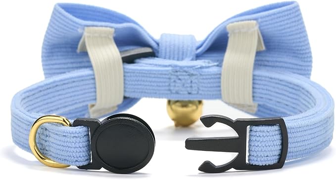2 Pack Soft Corduroy Cat Collars with Bow Tie & Bell Adjustable Breakaway Bowtie Kitten Collar for Girl Boy Kittens(Blue & Pink)