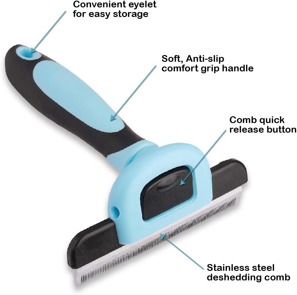 Pets First Professional Pet Brush - Grooming & Deshedding Tool for Cats & Dogs - Reduces Shedding, Dead Hair, Tangles - Detachable Stainless Steel Comb for Easy Cleaning - Soft Anti-Slip Handle,Blue