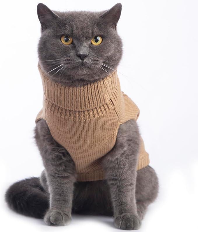 Stretchy Cat Sweater - 17 Colors & 6 Sizes | Snug Winter-Ready Knit for Boy/Girl Cats & Kittens(Khaki, Medium)