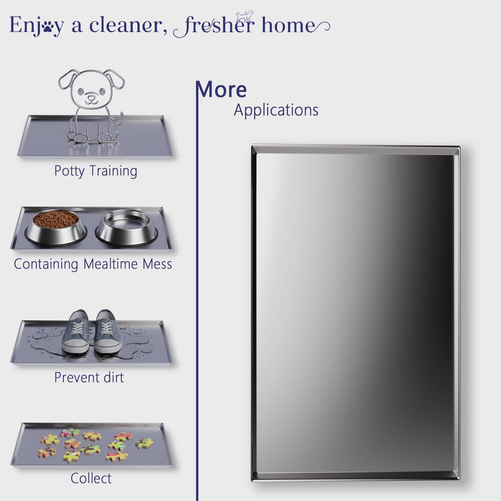 Metal Dog Crate Tray Replacement Pan - Stainless Steel, Chew-Proof & Safe | One-piece stainless steel tray with noise-dampening pads – leak-proof, odor-free, ideal for heavy chewers & potty training