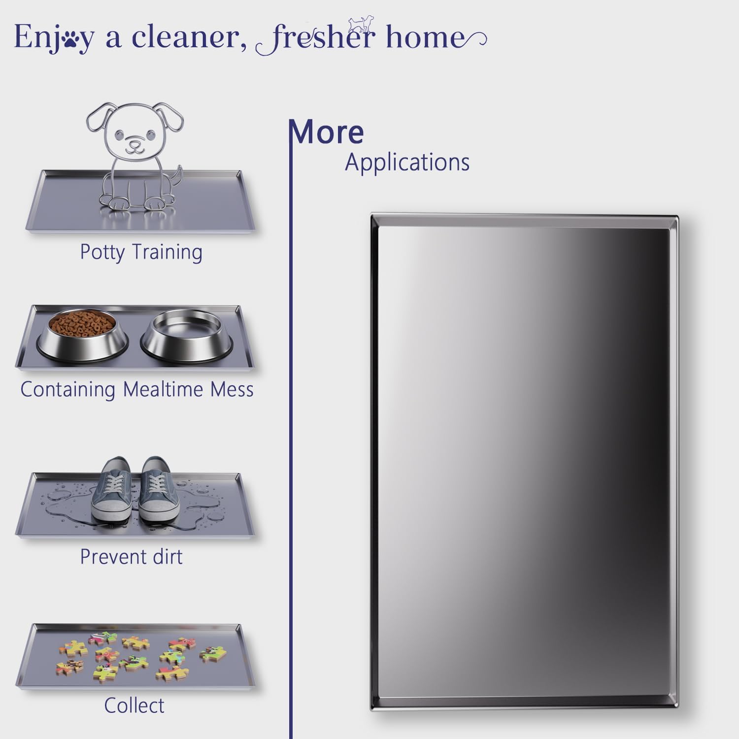 Metal Dog Crate Tray Replacement Pan - Stainless Steel, Chew-Proof & Safe | One-piece stainless steel tray with noise-dampening pads – leak-proof, odor-free, ideal for heavy chewers & potty training