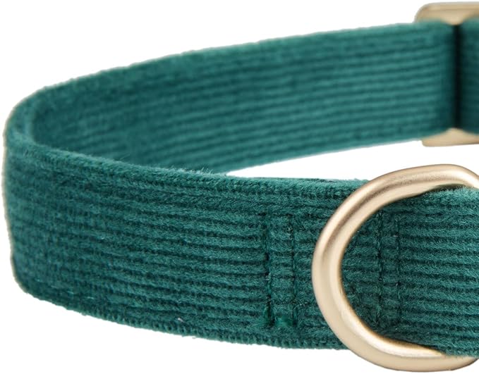 Soft Cotton Dog Collar with Metal Buckle Adjustable Heavy Duty Comfy Corduroy Collars for Small Medium Large Dogs,Dark Green,Small