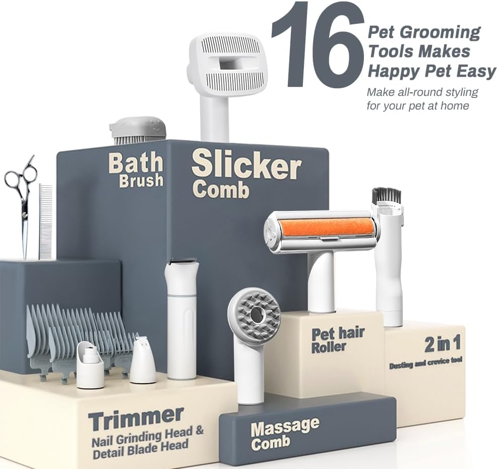 Bunfly Dog Grooming Kit,13000Pa Strong Grooming & Vacuum Suction 99.99% Pet Hair, 16 Pet Grooming Tools for Dogs Cats, 3L Large Capacity Dust Cup, Quiet Pet Vacuum Groomer (Grey)