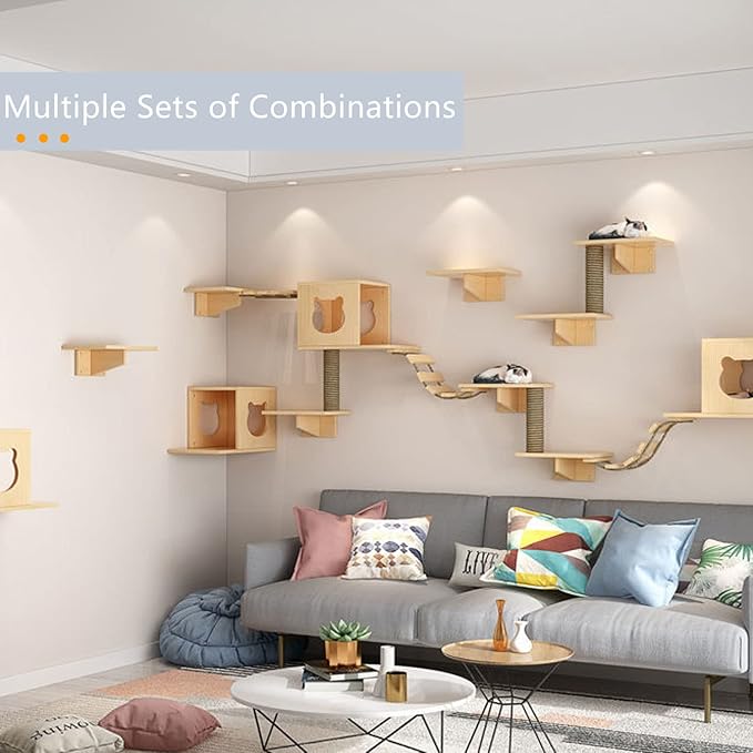 Cat Wall Shelves and Furniture Set with Condos, Perches, Bridge Ladders, Sisal Scratching Posts - Steps and Houses for Cats (B)