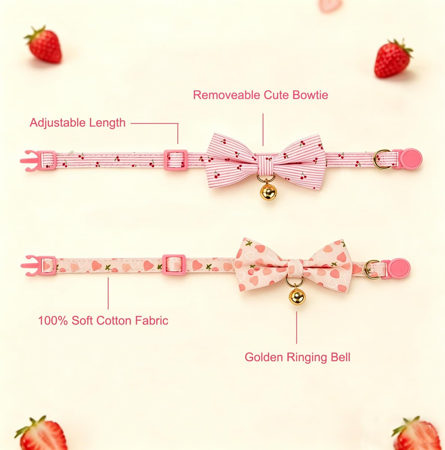 2 Pack Cat Collars with Bow Tie and Bell Adjustable Breakaway Pink Kitten Collar for Female Cats(Peach & Cherry)