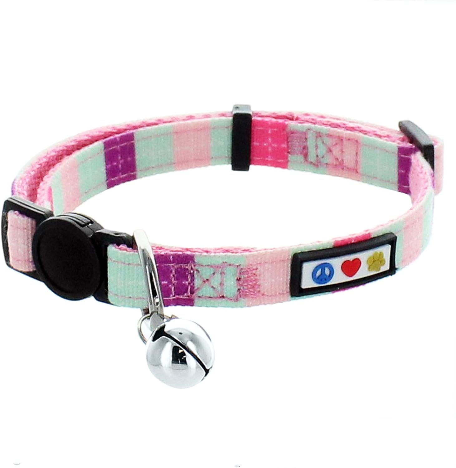 Pawtitas Pet Multicolor Cat Collar Teal/Pink/Purple with Safety Buckle and Removable Bell for Cats and Kittens