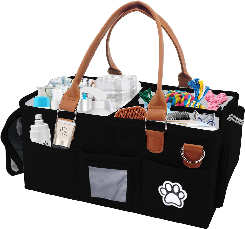 Felt Dog Grooming Bag,Portable Tote Bag for Dogs Cats,Dog Storage Organizer for Grooming Tool Kit,3 Compartments Pet Stuff Oganizers with 8 Pockets-Black