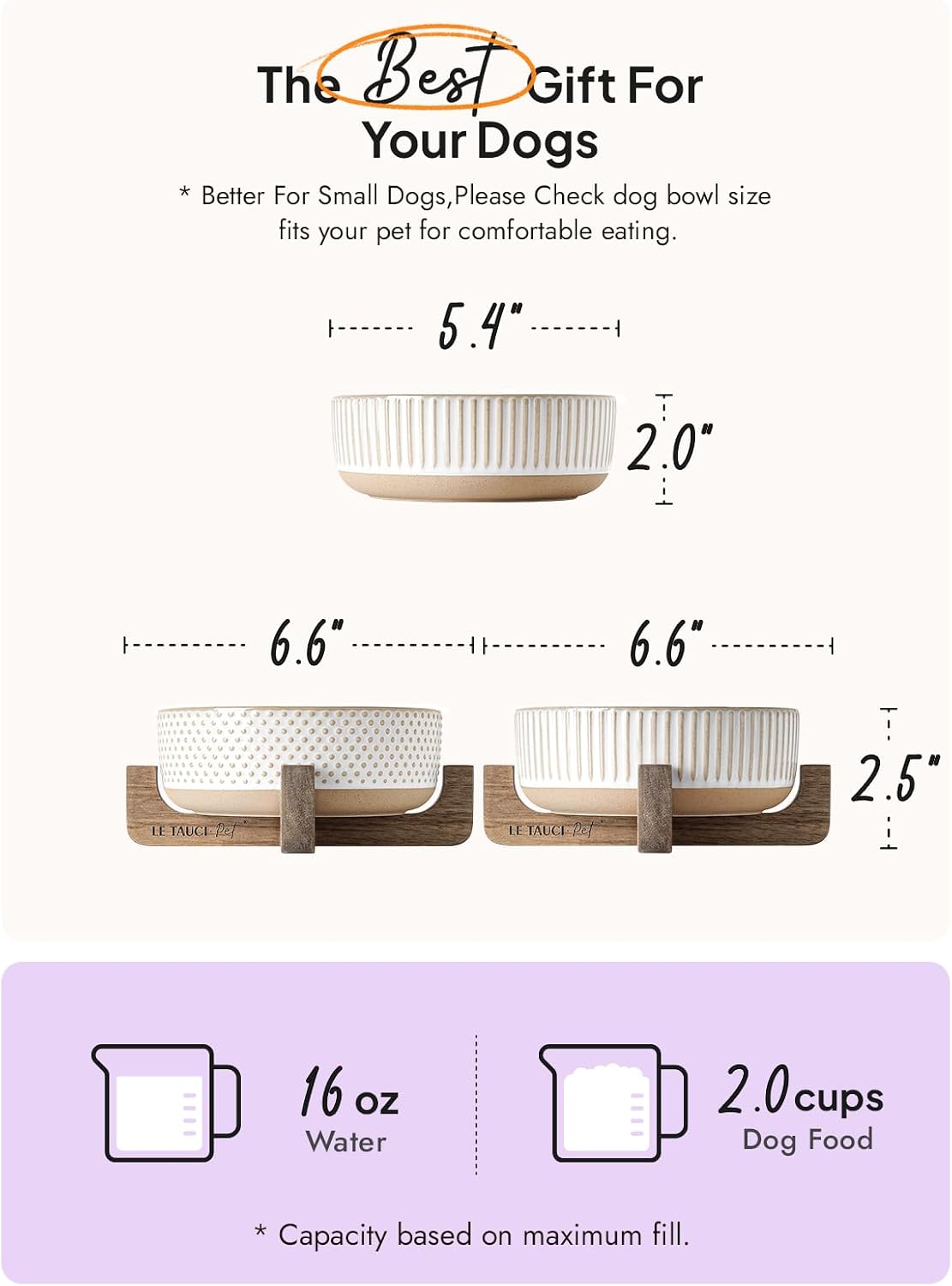 Ceramic Dog and Cat Bowl Set with Acacia Wood Stand - 2 Cup Weighted Non-Slip Food and Water Bowls for Small Dogs & Cats, Lines + Dot