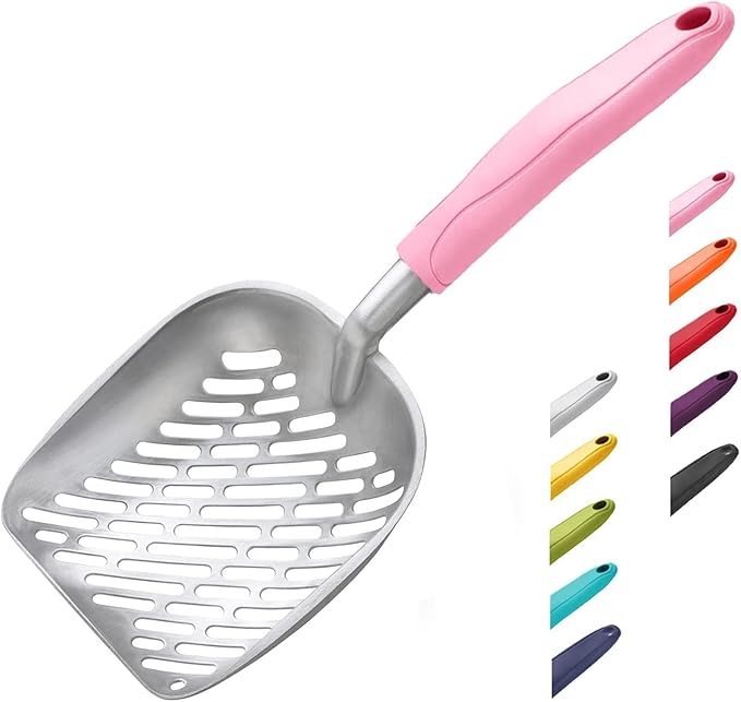 WePet Cat Litter Scoop, Aluminum Alloy Sifter, Kitty Metal Scooper, Deep Shovel with Diagonal Sifting Hole, Long Handle, Kitten Poop Lifter for Litter Box, Medium Size, Pink Handle