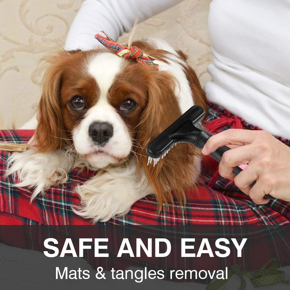 Pet Grooming Rake - Double Row Pins Shedding and Dematting Undercoat Rake Comb for Dogs, Cats, Matted, Short, Long Hair Coats - Safe Grooming & Deshedding Brush - Comb Out Mats & Tangles Easily