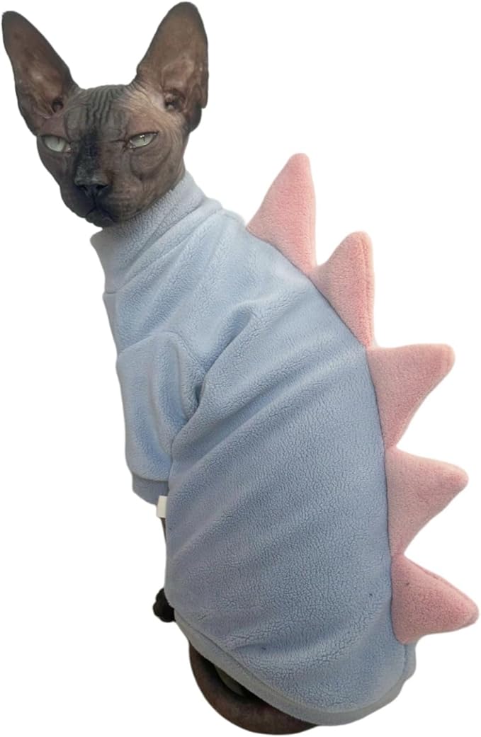 Dinosaur Sphynx Cat Clothes, Soft Polar Fleece Sweater for Cat, Elastic Pet Clothes Thick Winter Warm Outfit for Hairless Cat, Devon, Cornish, Small Dogs Apparel with Sleeves (Sky Blue, Large)