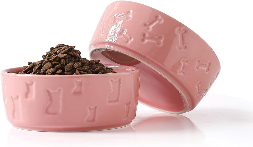 Pink Ceramic Dog Bowls, Set of 2, 5 Inch | For Food and Water, Small Size Dogs/Puppy, Cute Pet Dishes