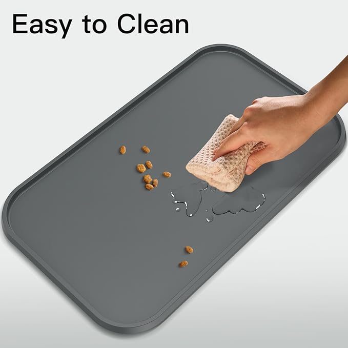 Pet Feeding Mat [Warped Resistant Raised Edge], Water-Proof Silicone Placement for Food Water Bowls, Anti-Slip Base Protect Floor, BPA-Free&Dishwasher-Safe [23.5x13.5inch Large, Gray]