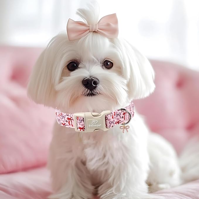 Girl Dog Collar for Large Dogs - Cute Heart Bow Print Girly Dog Collars, Soft Adjustable Spring/Summer Holiday Female Dogs Collar with Quick-Release Buckle L