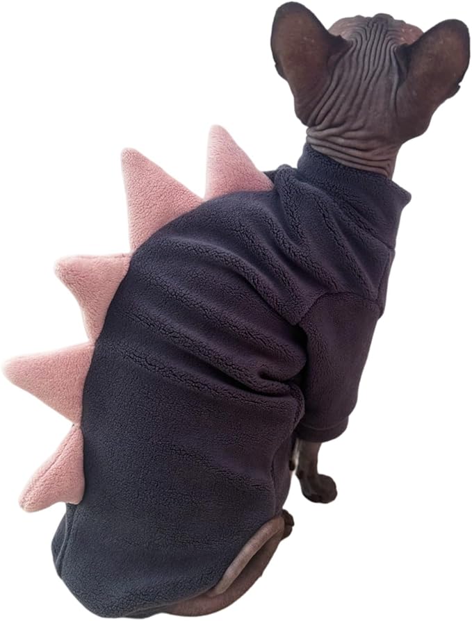 Dinosaur Sphynx Cat Clothes, Soft Polar Fleece Sweater for Cat, Elastic Pet Clothes Thick Winter Warm Outfit for Hairless Cat, Devon, Cornish, Small Dogs Apparel with Sleeves (Grey, Small)