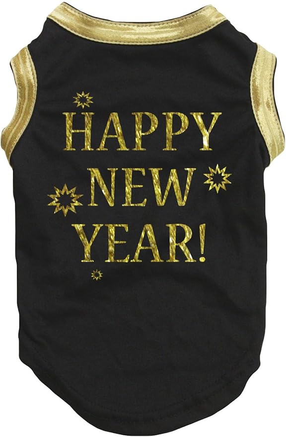 Petitebella Bling Happy New Year Puppy Dog Shirt (Black/Bright Gold, X-Large)