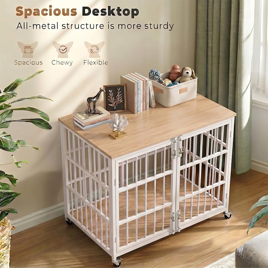 KOKOTANGS 42" Dog Crate Furniture, Heavy Duty Dog Kennel Indoor for Large Dogs, Escape-Proof and Chew-Proof Wooden Dog Cage for high Anxiety Dog, Decorate House as TV Stand, End Table, White