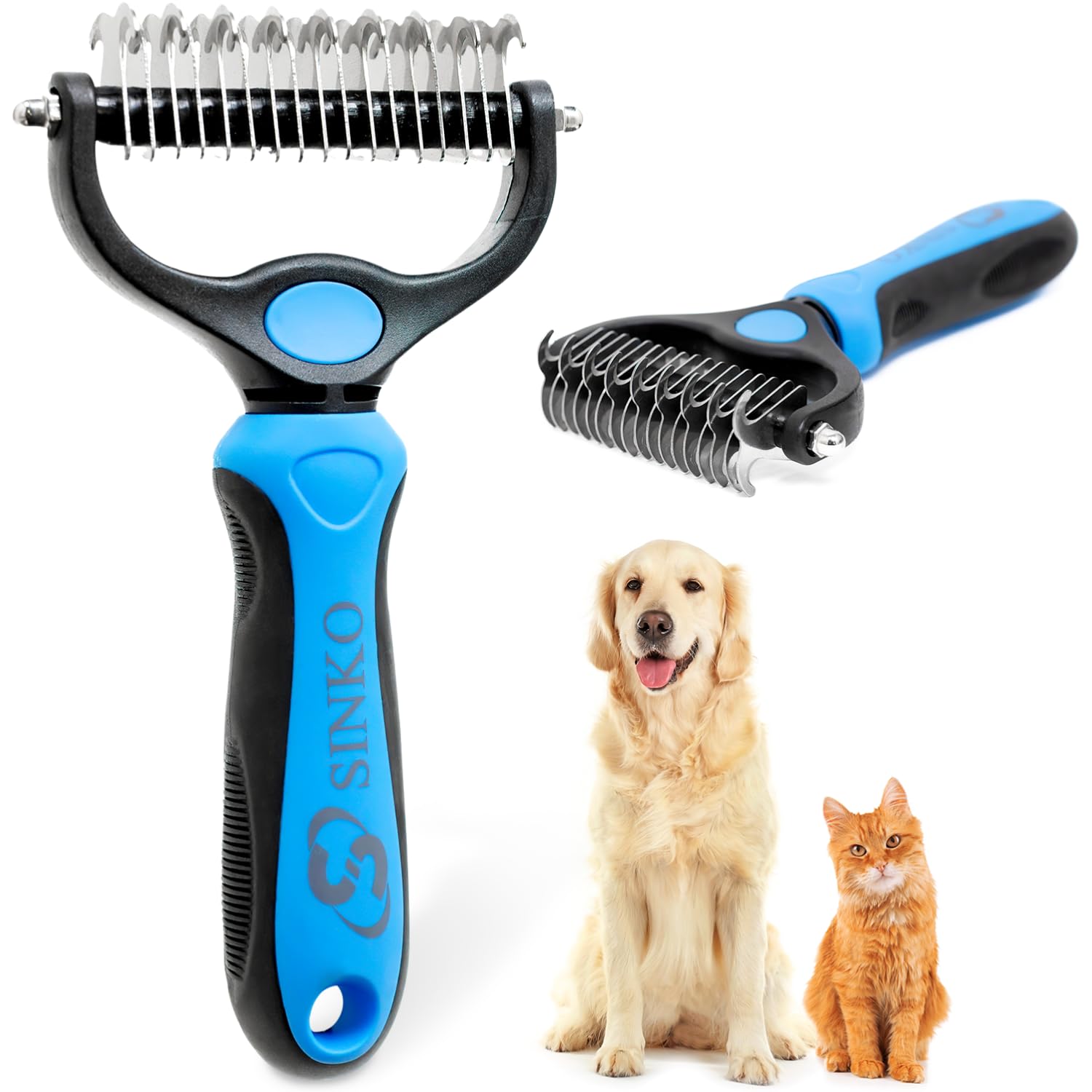Sinko Shedding Brush For Dog and Cat, Grooming Brush with Extra Wide Double-Sided Stainless Teeth for Detangling, Deshedding, Brushing & Removing Shed Fur, Knots, Mats, and Tangles in Pets (Blue)