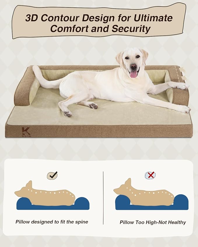 KSIIA Washable Dog Bed XL Senior Dog, Orthopedic Warm Soft Pet Sofa Waterproof Pet Couch with Sides, Non-Slip and Egg-Crate Foam Extra Large Beds with Removable Cover, 41x27Inch, Brown