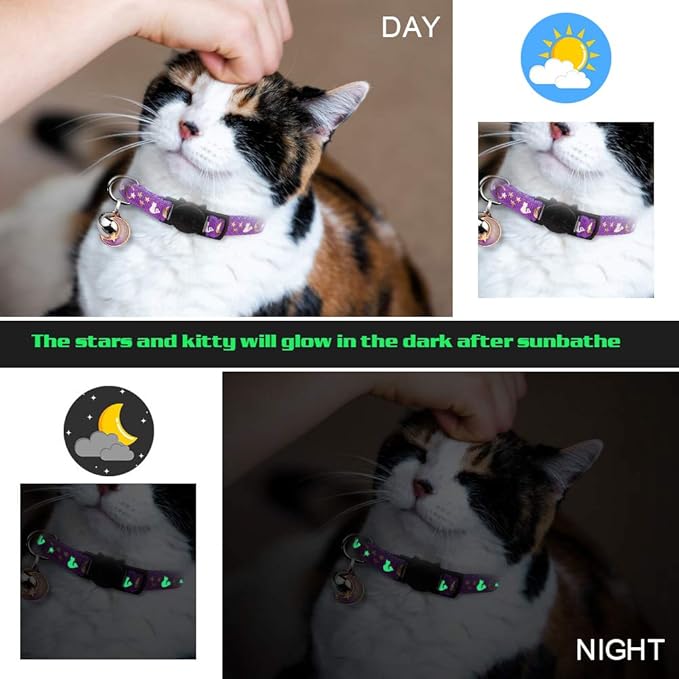 4PCS Cat Collar with Bells,Breakaway Cat Collars,Kitten Collar with Bell Moons Stars Cute Kitty Safe with Pendant,Cat Collars for Girl Cats 6.9-10.7 Inch(Black&Purple&Pink&Teal)