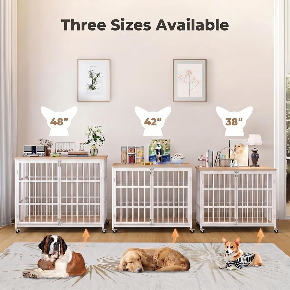 KOKOTANGS 42" Dog Crate Furniture, Heavy Duty Dog Kennel Indoor for Large Dogs, Escape-Proof and Chew-Proof Wooden Dog Cage for high Anxiety Dog, Decorate House as TV Stand, End Table, White