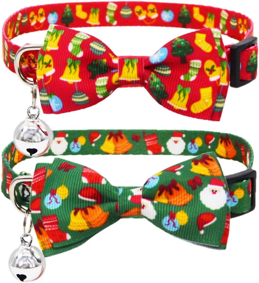 2 Pack Christmas Cat Collar with Bow Tie and Bell X-mas Breakaway Kitten Collars with Bowtie Safety Red and Green
