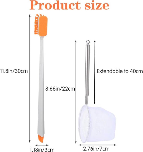 2 Pcs Small Fish Tank Cleaner Brush with Fishing Net Algae Scraper Fish Tank Brush Scrubber Sponge Tool Long Handle for Cleaning Glass Acrylic Aquariums Home Kitchen