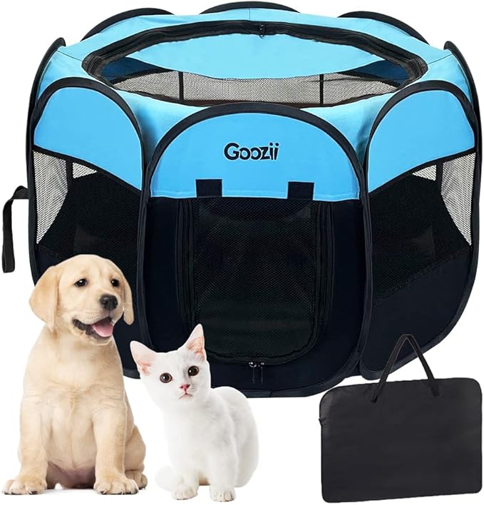 Dog Playpen for Large Dogs Portable Collapsible, Indoor Outdoor Cat Pet Puppy Exercise Play Pen Tent Crate Cage with Zipper Door Top Cover Floor for Camping (Large Size, Blue)