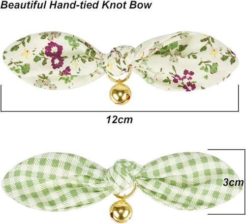 2 Pack Cotton Cat Collar, Removable Bowtie, Floral Pattern, Safety Breakaway Clasp, Adjustable for Cats.(Adult Cat, Check+Green)