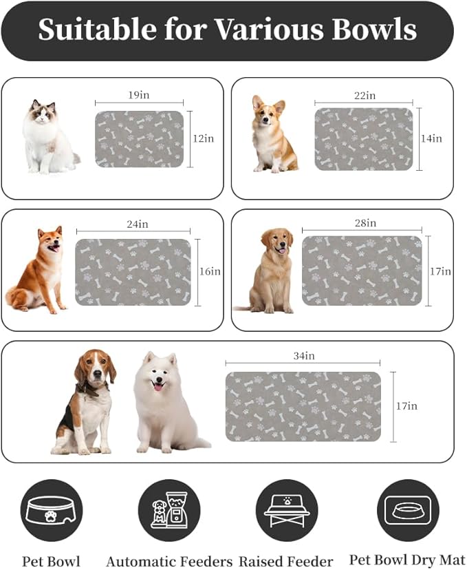 MontVoo Dog Food Mat-Pet Feeding Mat for Food and Water-No Stains Quick Dry Dispenser Cat Bowl Mat for Messy Drinkers(17"x34" Grey)