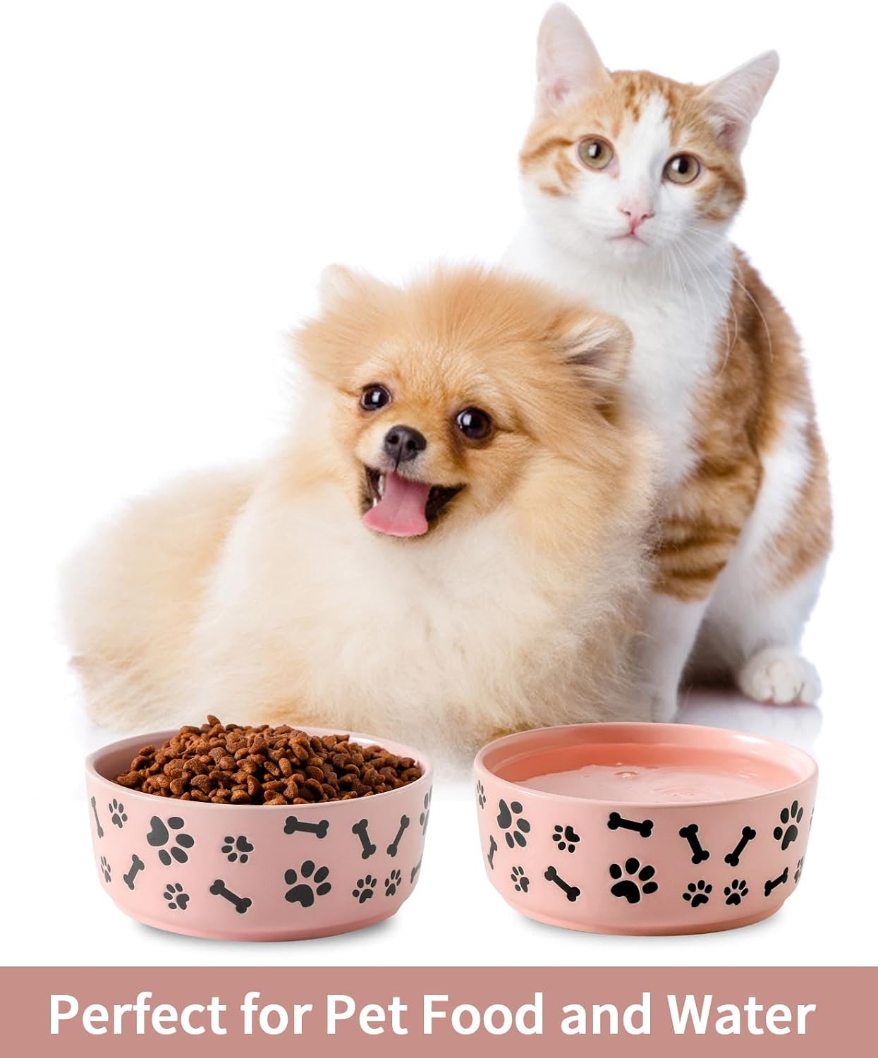 UBEE Ceramic Dog Bowl Set of 2, 5.5 inch Dog Food Bowl Dish with Bone Paw Pattern, Pet Food Water Dish Feeding Plates for Small Dogs, Puppy and Cat, Pink