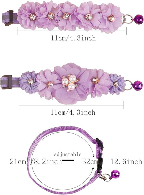 2 Pack Cat Collar Pink Floral with Bell and Removable Flower Bowtie Breakaway Adjustable Cat Collar for Girl Kitten Puppy Small Cats Dogs Daily Decoration (XQ102-4)