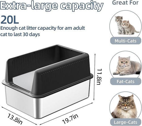 2PACK Stainless Steel Cat Litter Box with Lid,19.7” L x 13.8” W x 11.8”H Deep,Large Metal Litter Box with High Side,for Small and Large Cats,Anti-Leakage Non-Sticky Include Litter Scoop