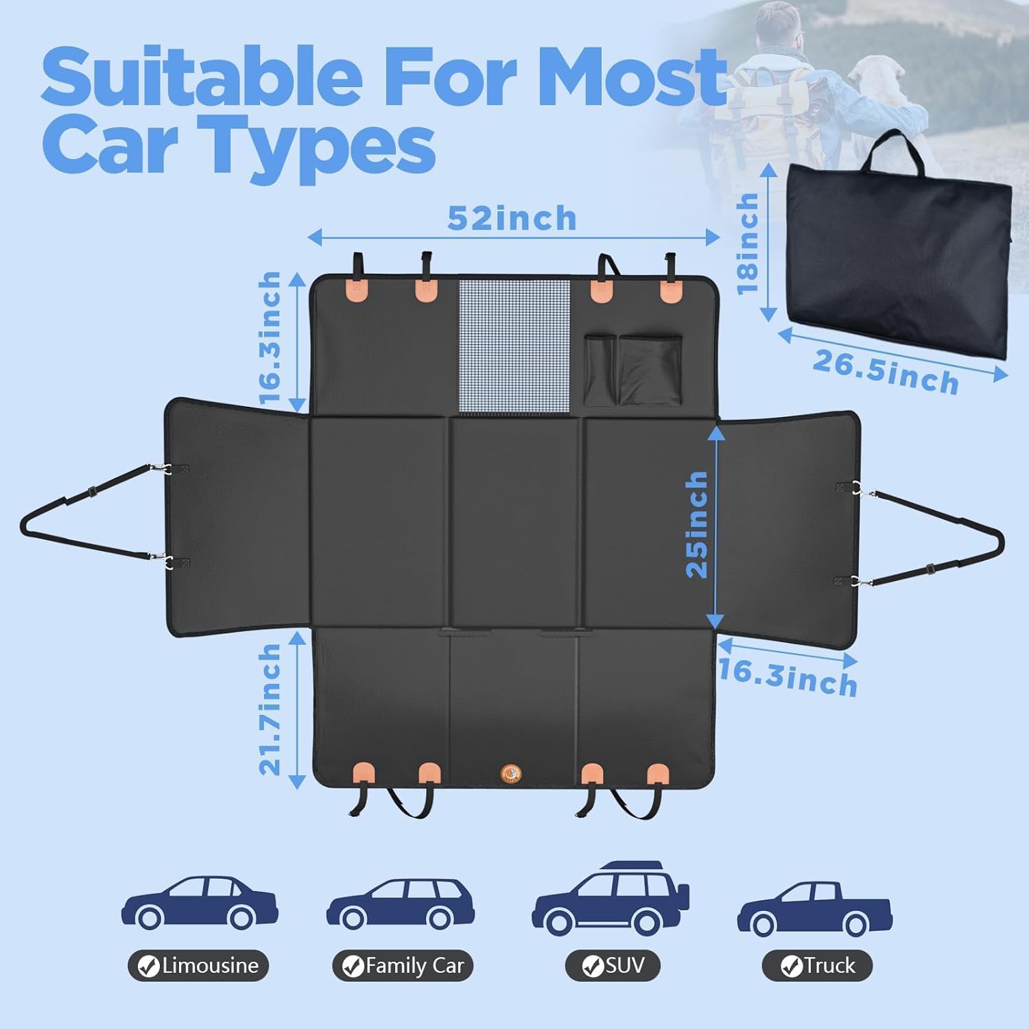 MYJAQI Back Seat Extender for Dogs, Hard Bottom Dog Car Seat Cover | 100% Waterproof PU Leather, Holds 400lbs, Scratch Proof and Anti Slip Dog Hammock for Car, Mesh Window & Dog seatbelt