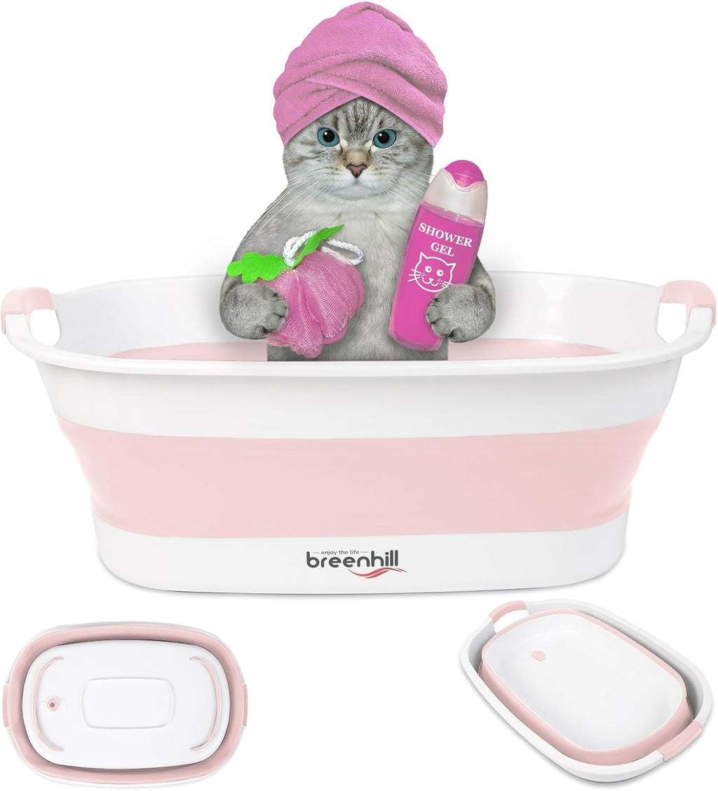 Collapsible Dog Bath Tub, Portable Puppy Bathtub with Drain Plug, Pink | Collapsible and Portable, Easy Water Drainage, For Small Dogs, Puppies and Cats; Indoor and Outdoor Use, Space-Saving Storage