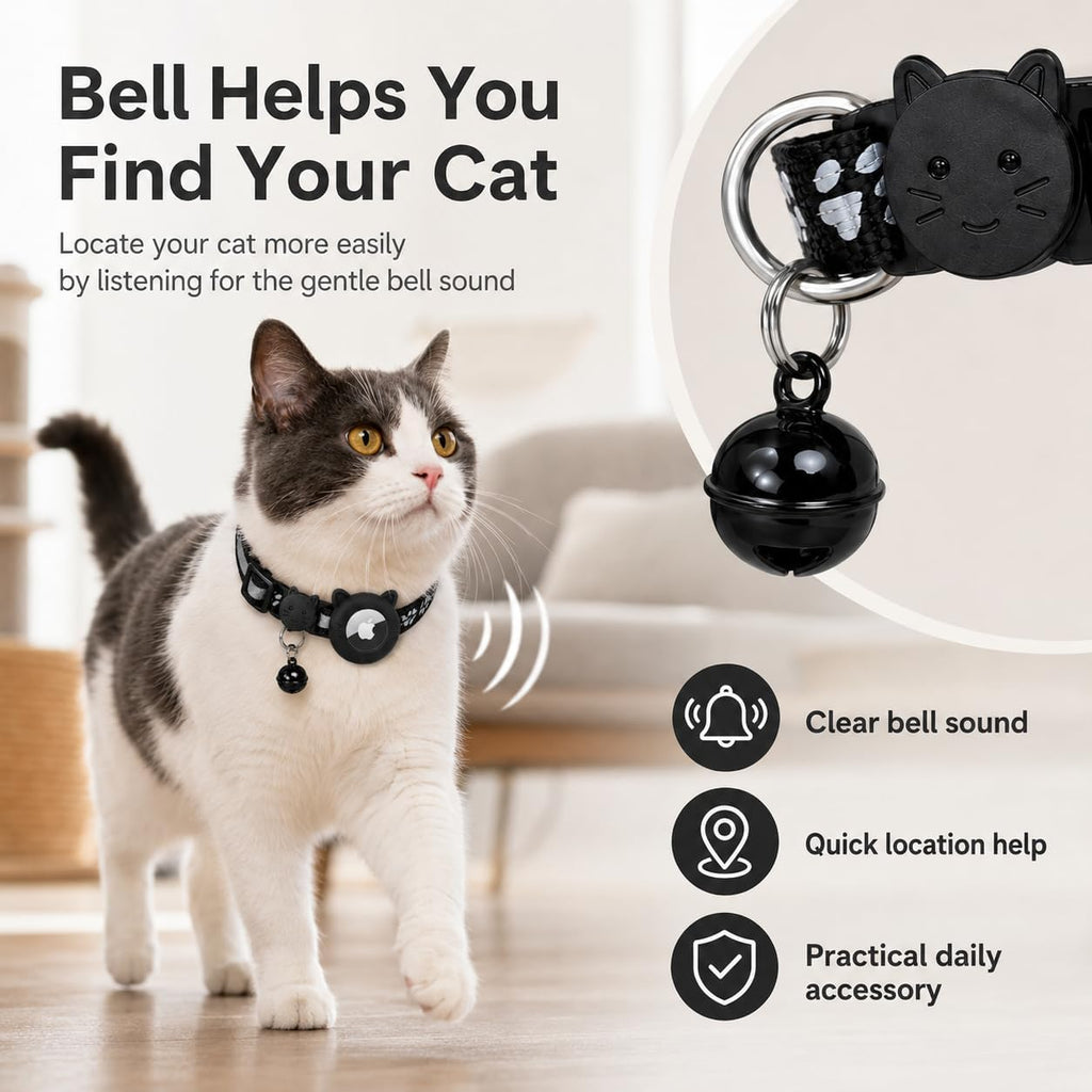 Cat Collar Breakaway 2packs, Reflective Kitten Collar with Apple Air Tag Holder and Bell for Girl Boy Cats, 0.4 Inches in Width and Lightweight (Black)