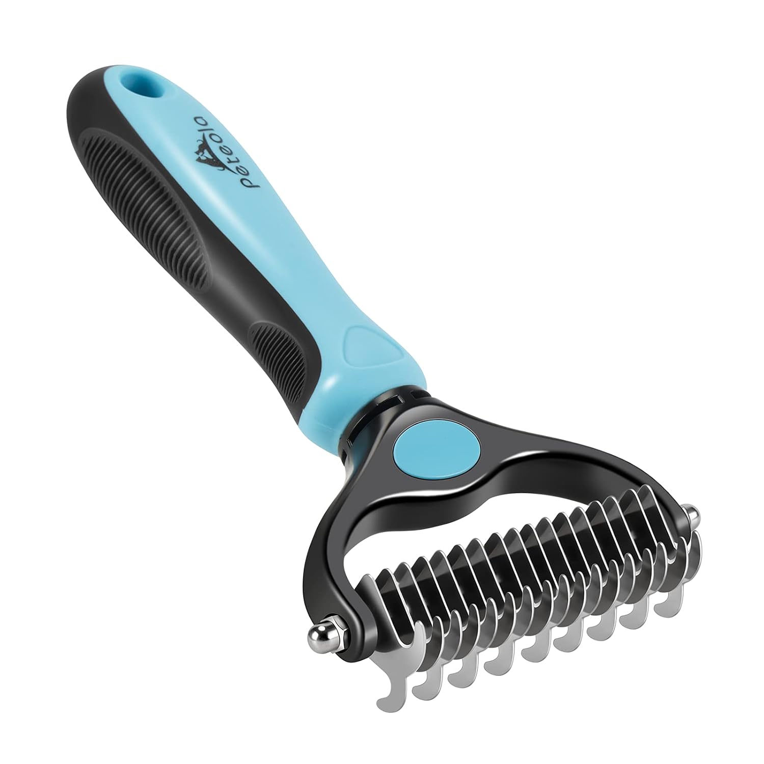Pet Grooming Brush - 2 Sided Undercoat Rake for Deshedding and Detangling Fur - Safe Shedding Tool for Cats and Dogs (blue)