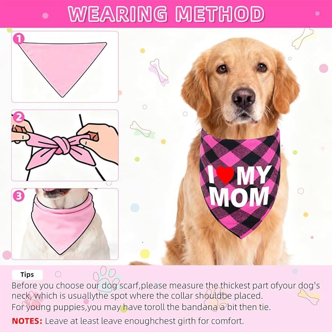 GreenJoy Cute Plaid Dog Bandana – Washable Pet Triangle Scarf for Small, Medium, Large Dogs and Cats, Adjustable Pet Accessory for Birthday, Wedding and Christmas (Pink (Mom), Medium)