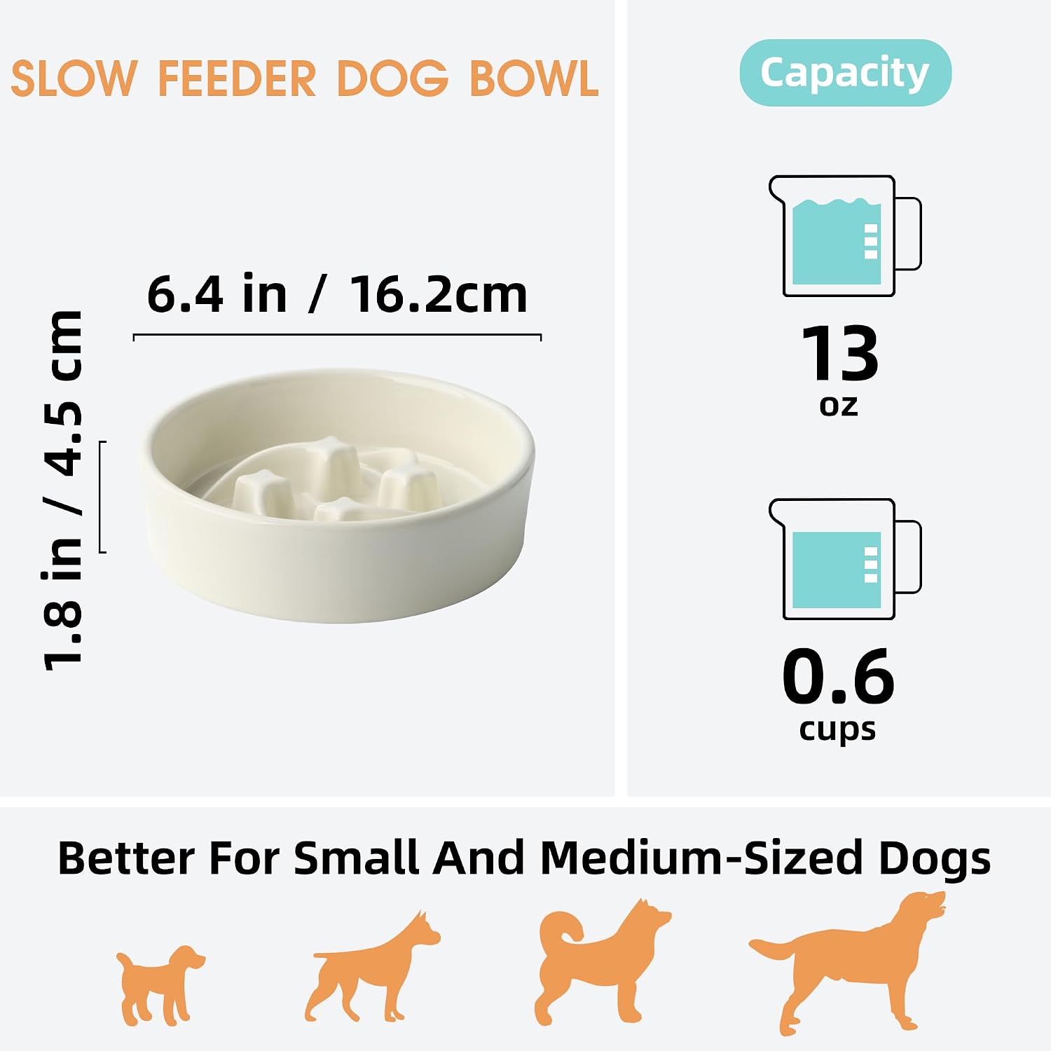 Ceramic Slow Feeder Dog Bowls Small Breed, 0.6 Cups, 6.4 Inch Beige | Raised maze design slows fast eating for small dogs, puppies and cats; heavy ceramic, non-slip and dishwasher safe.