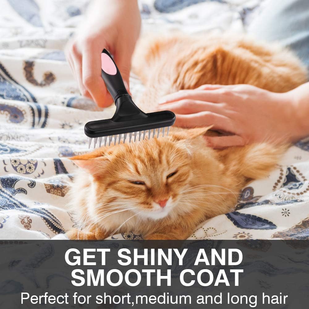 Pet Grooming Rake - Double Row Pins Shedding and Dematting Undercoat Rake Comb for Dogs, Cats, Matted, Short, Long Hair Coats - Safe Grooming & Deshedding Brush - Comb Out Mats & Tangles Easily
