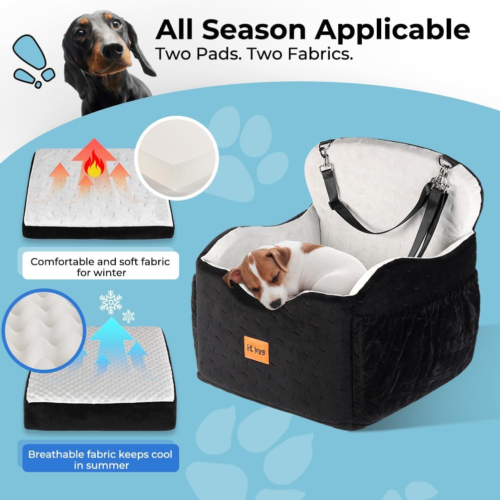 KYG Dog Car Seat for Small/Medium Dogs Under 35lbs | Waterproof, Non-Slip, Memory Foam, Harness, Removable Washable Cover, Storage Pockets, 2 Cushions (Warm/Cool)