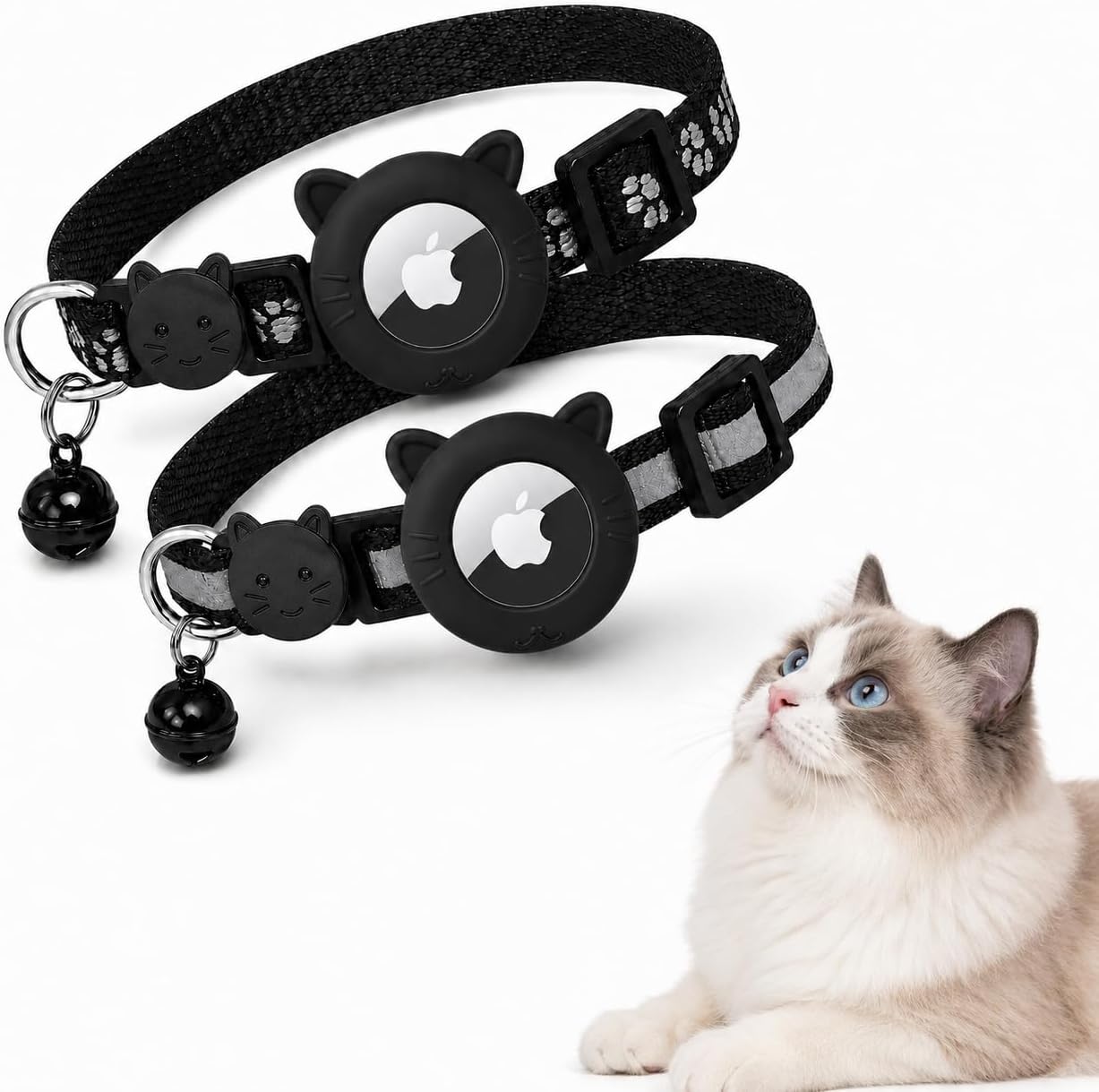 Cat Collar Breakaway 2packs, Reflective Kitten Collar with Apple Air Tag Holder and Bell for Girl Boy Cats, 0.4 Inches in Width and Lightweight (Black)