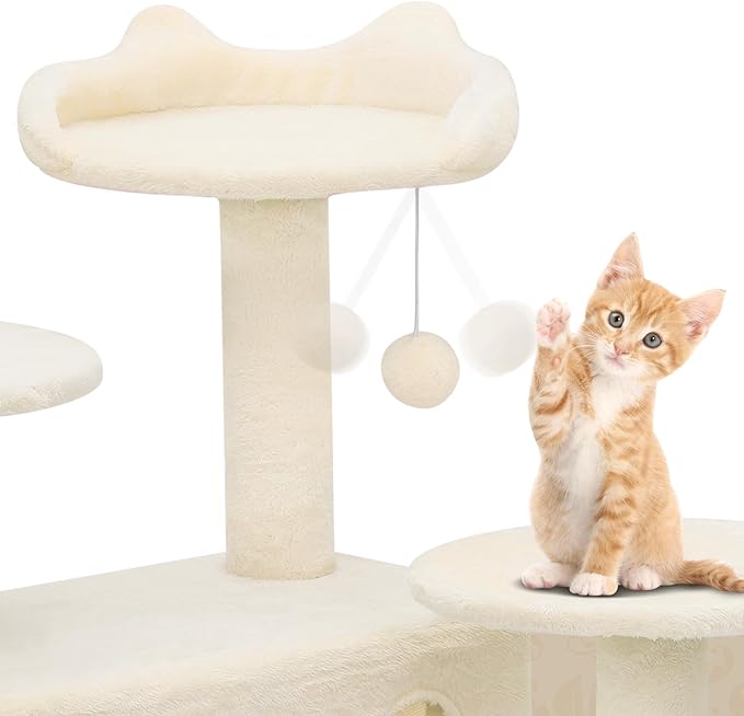 Athena Collection Multi-Level Cat Tree Center with 2 Cat Condo & Scratching Post & Dangling Ball, 54 Inch Tall Cat Tower, Beige