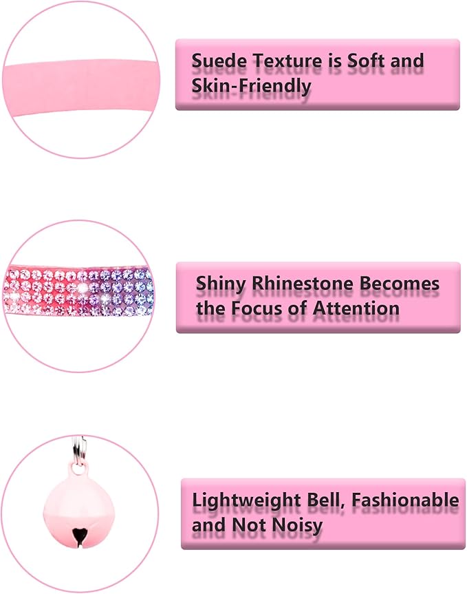 Cat Collars for Girl Cats with Rhinestone Soft Velvet,Breakaway Cat Collars with Bell,Adjustable Safe Kitten Collar (Pink)
