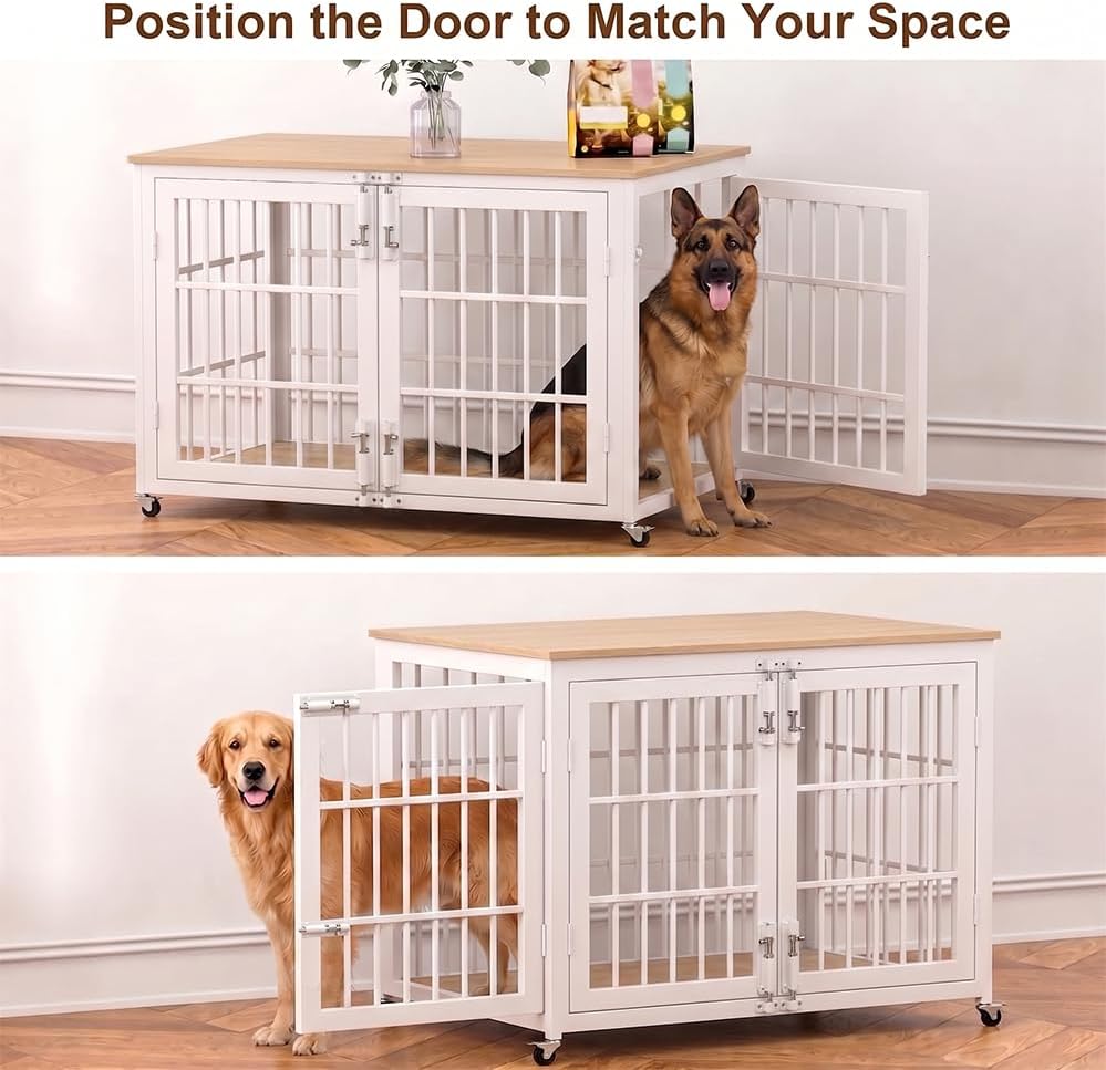 KOKOTANGS 42" Dog Crate Furniture, Heavy Duty Dog Kennel Indoor for Large Dogs, Escape-Proof and Chew-Proof Wooden Dog Cage for high Anxiety Dog, Decorate House as TV Stand, End Table, White